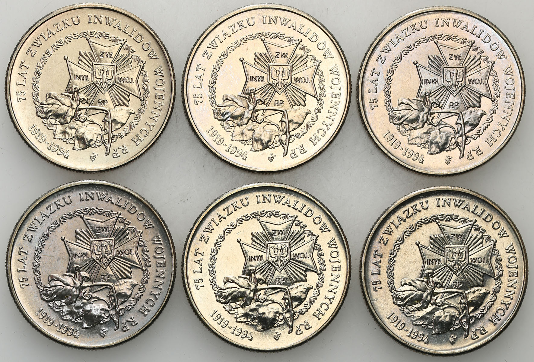 III RP. 20.000 złotych 1994 - 75 lat Związku Inwalidów Wojennych, zestaw 6 sztuk